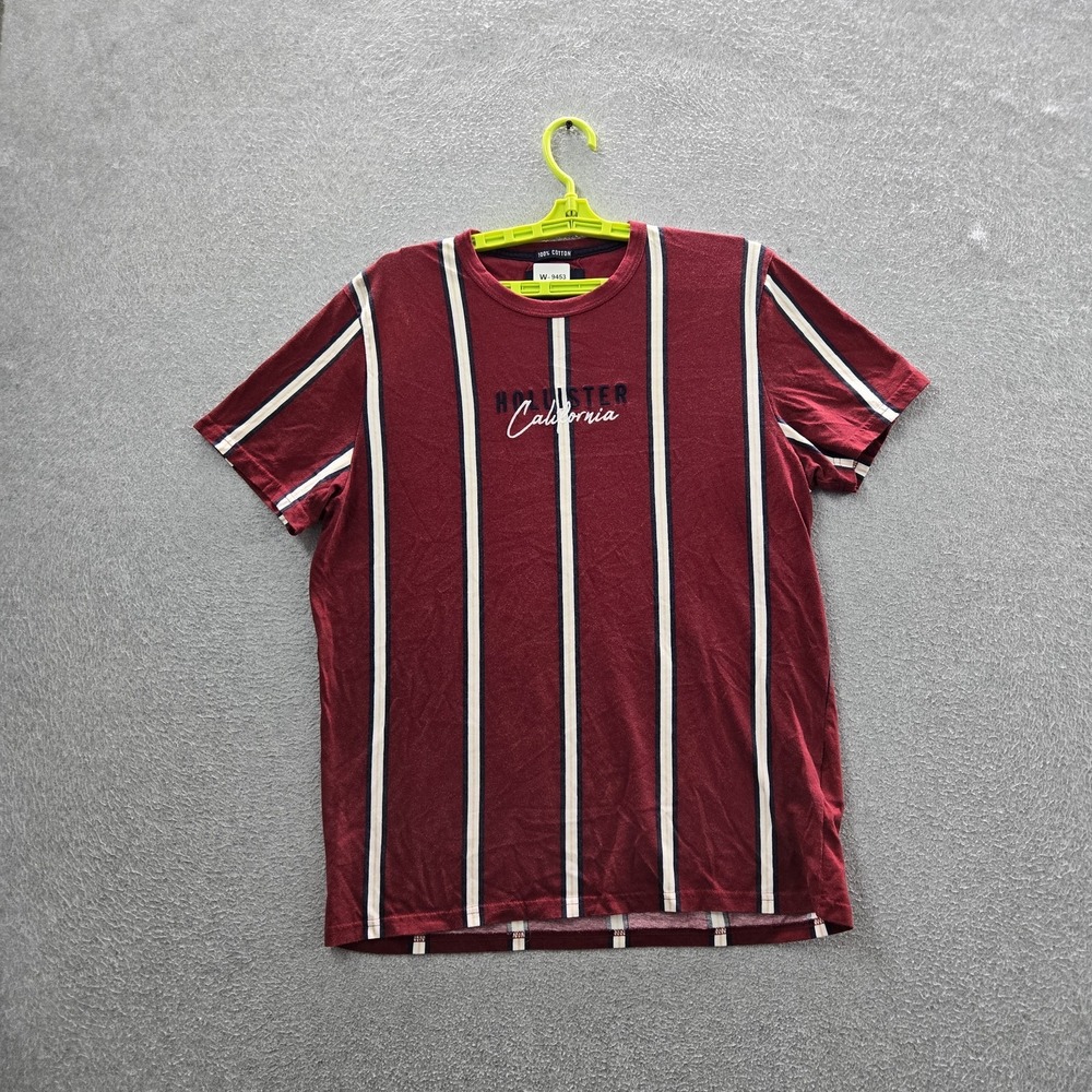 Hollister Men Shirt L Red Striped Hollister Spellout Logo Short Sleeve Embroider - Picture 1 of 9
